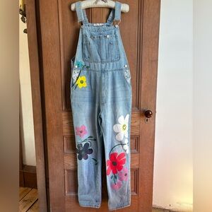 MISSLOOK Blue Denim Overalls with painted flowers -size L